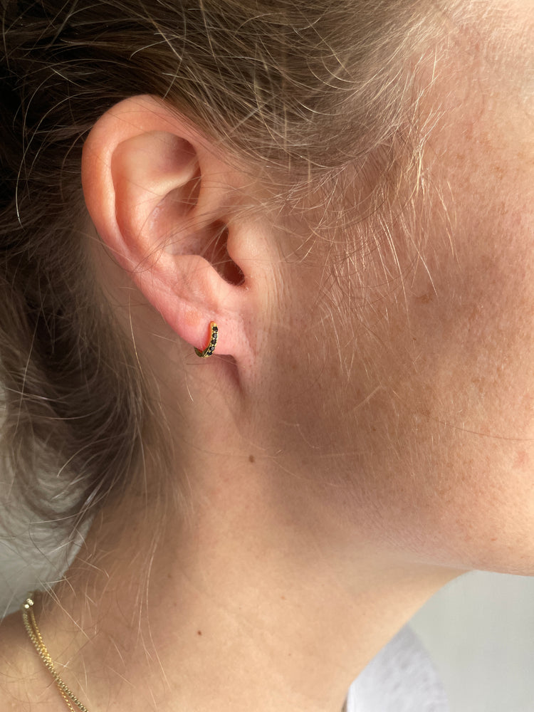 gold and black cubic zirconia huggie hoop earrings